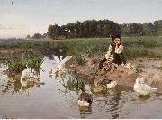 Nikolas Kornilievich Bodarevsky Ukrainian Girl Tending Geese oil on canvas